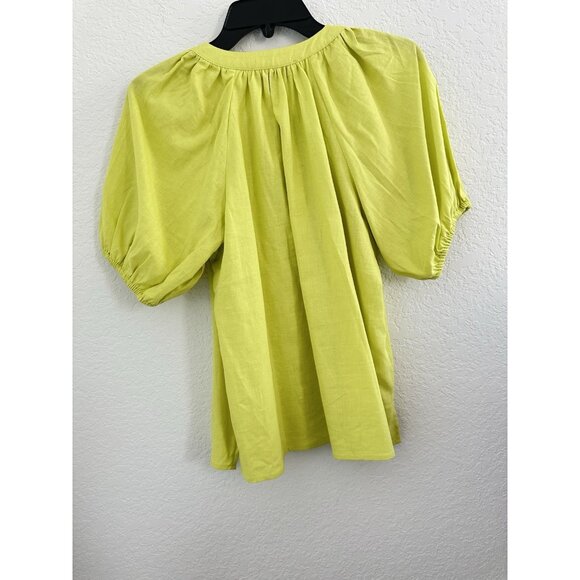 LOFT Womens Top Petite MP Neon Grn Linen Blend Tie Neck Puff Sleeve Peasant Boho - Picture 6 of 12